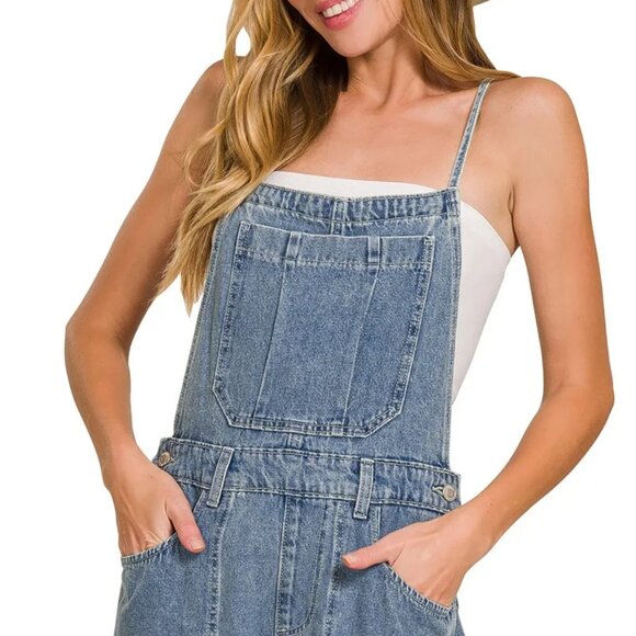 Zenana Denim Medium Washed Wide Leg Overalls - Picture 6 of 15